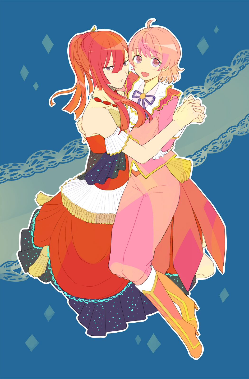 2boys, ahoge, blue_eyes, blush, crossdressinging, hand_holding, highres, idol_clothes