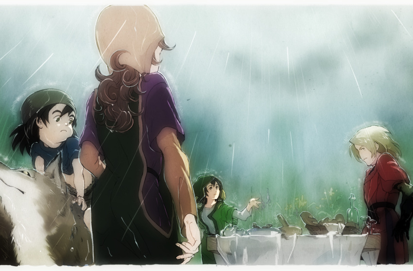 1girl, black_hair, blonde_hair, brown_hair, closed_mouth, commentary_request, curly_hair, dragon_quest