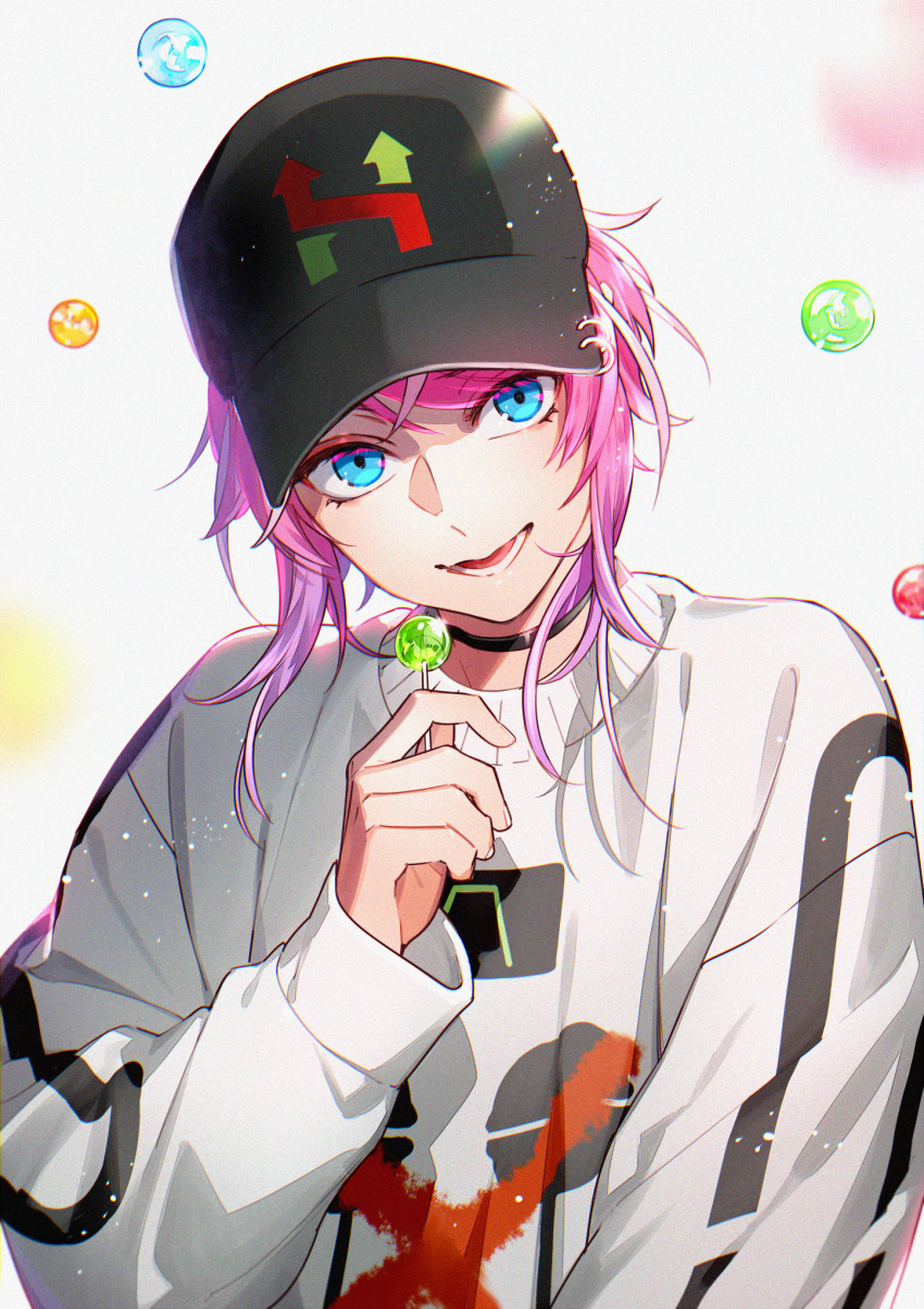 1boy, amemura_ramuda, blue_eyes, candy, eyebrows_visible_through_hair, food, hat, highres