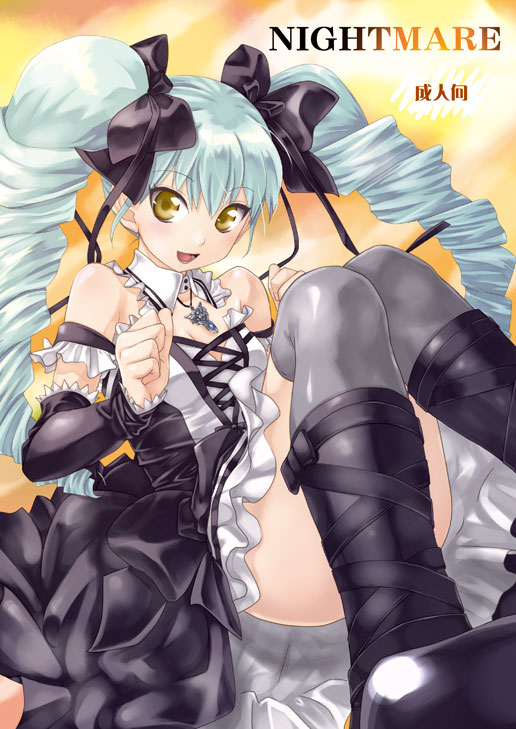 dress, drill_hair, gold_eyes, gothic_lolita, hikabe_sakuho, lolita_fashion, lux-pain, thighhighs