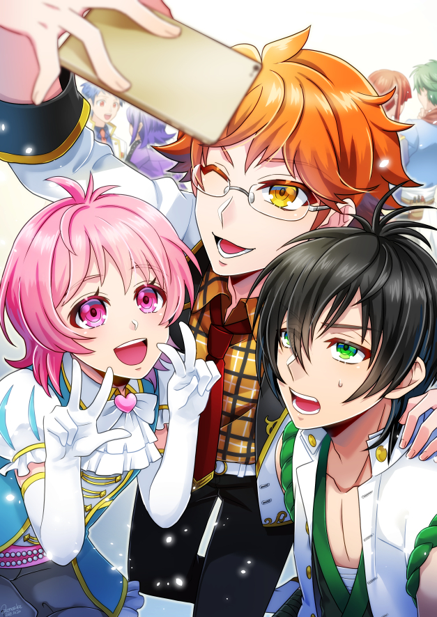 3boys, black_hair, double_v, glasses, gloves, green_eyes, idol_clothes, juuouin_kakeru