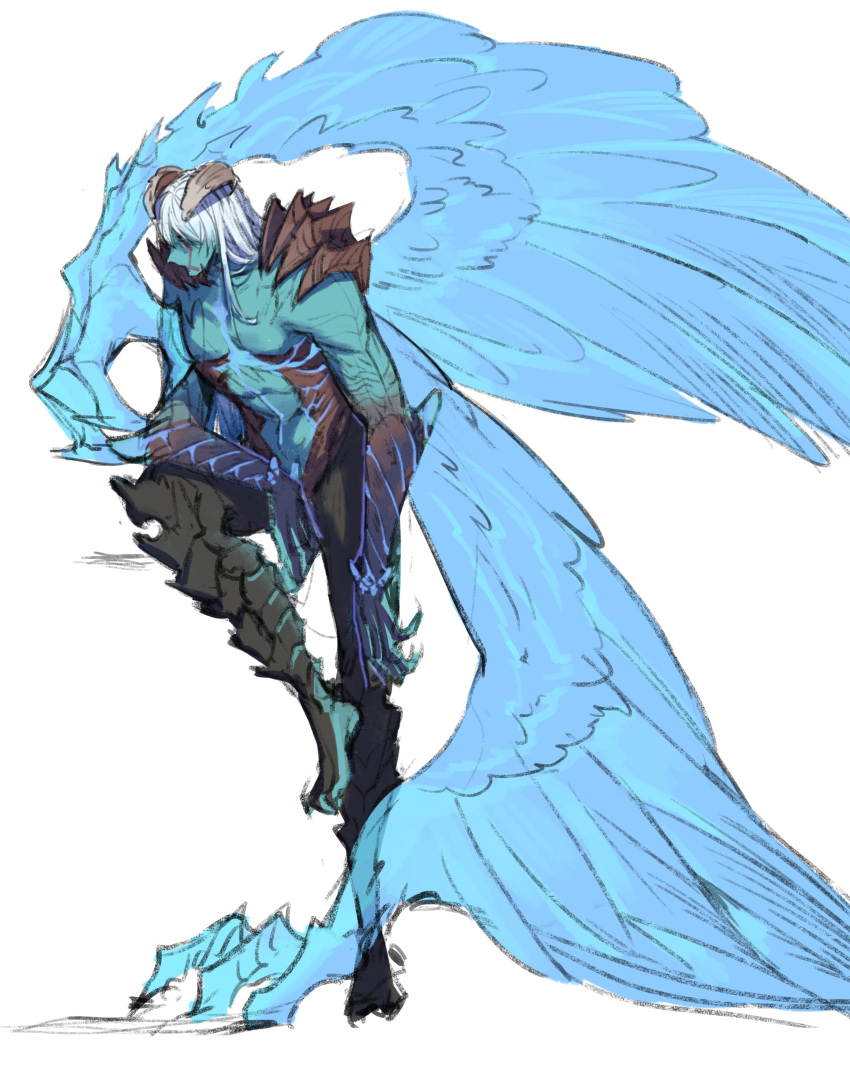 1boy, abs, absurdres, alternate_form, arm_at_side, blue_skin, claws, demon_boy