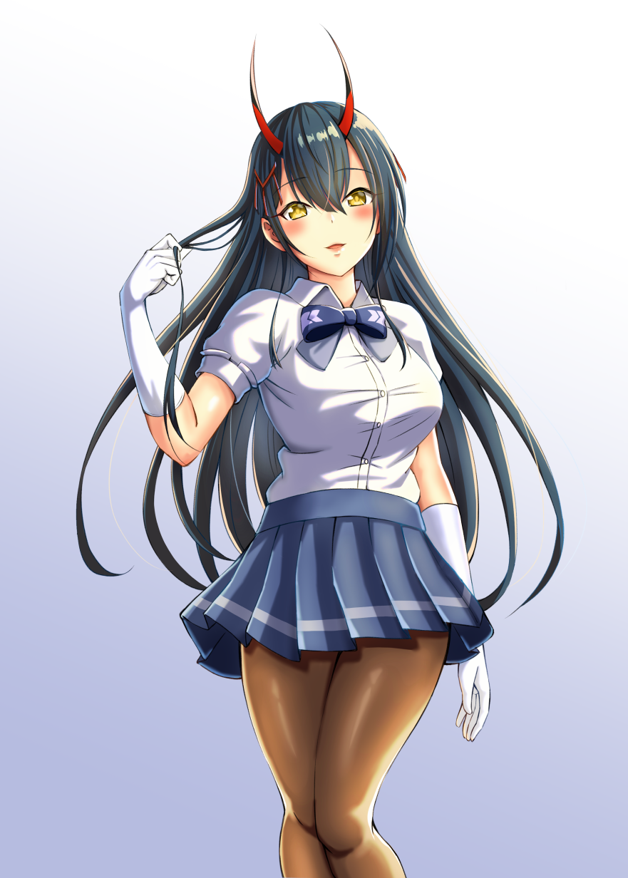 1girl, azur_lane, black_hair, blue_skirt, blush, breasts, gloves, hair_between_eyes