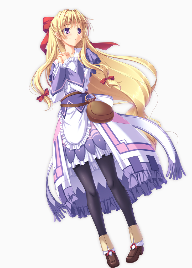 1girl, ankle_cuffs, belt, belt_pouch, black_legwear, blonde_hair, bow, brown_footwear