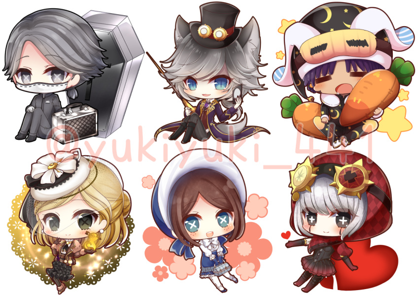 3boys, 3girls, :d, :o, =_=, animal_ear_fluff, animal_ears, argyle