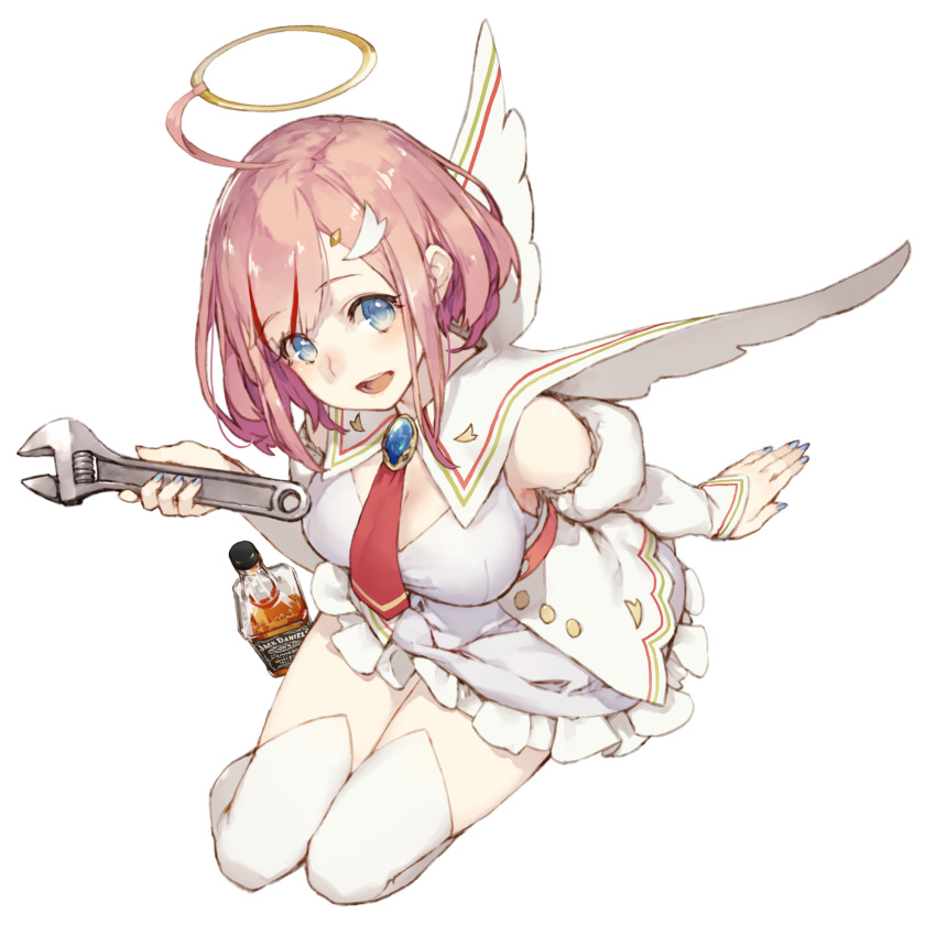 1girl, :d, ahoge, alcohol, amano_hikari, arm_support, blue_eyes, blue_nails, bottle, breasts, brooch, cleavage, commentary_request, detached_sleeves, dress, from_above, full_body, hair_ornament, hairclip, halo, head_tilt, highres, holding, holding_wrench, jack_daniel's, jewelry, ji_no, juliet_sleeves, long_sleeves, looking_at_viewer, medium_breasts, nail_polish, necktie, open_mouth, pink_hair, puffy_sleeves, red_neckwear, ryuuseigun_project, sailor_collar, short_dress, short_hair, sitting, smile, solo, thigh-highs, transparent_background, virtual_youtuber, whiskey, white_dress, white_legwear, wings, wrench