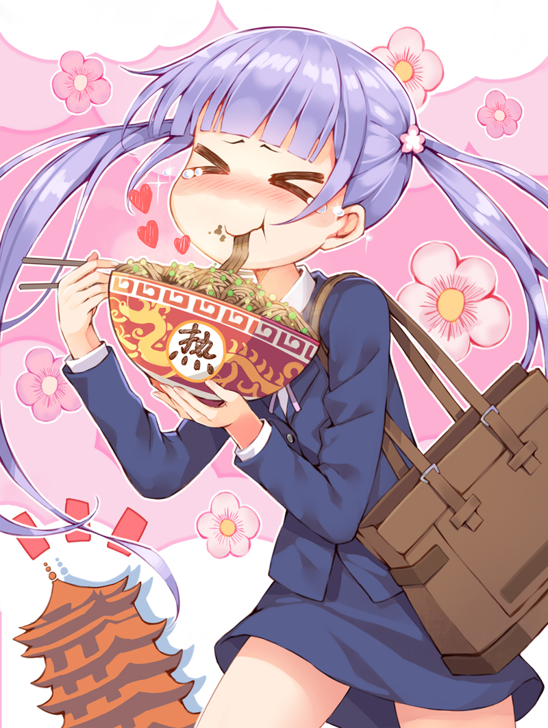 >_<, 1girl, :t, bag, bangs, blue_jacket, blue_skirt, blunt_bangs