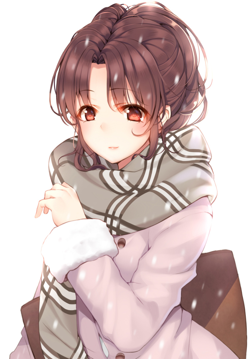 1girl, bag, bangs, brown_hair, closed_mouth, coat, commentary, enpera