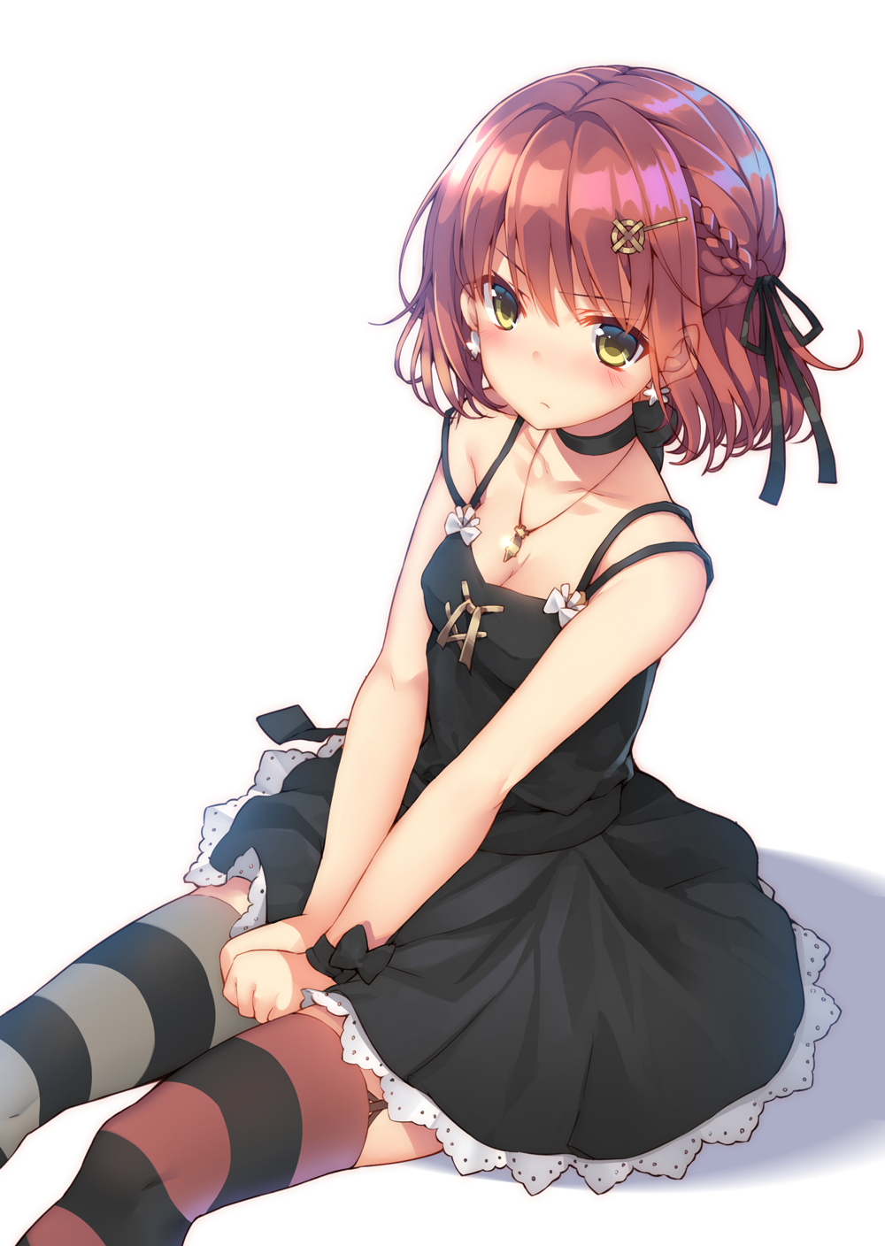 1girl, bare_arms, black_dress, blush, braid, breasts, choker, cleavage