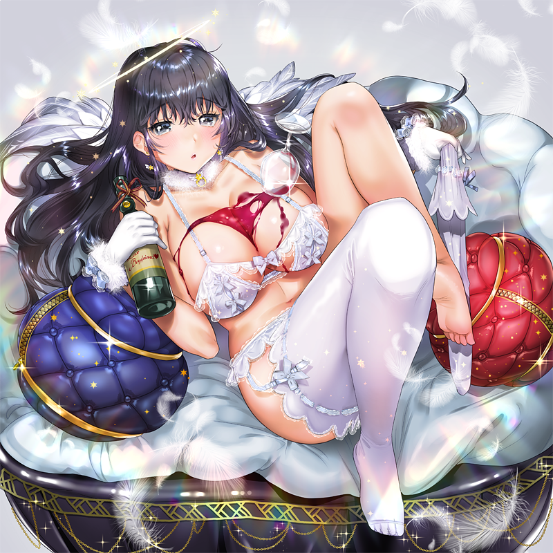 1girl, alcohol, angel, angel_wings, bad_feet, bangs, barefoot, black_hair