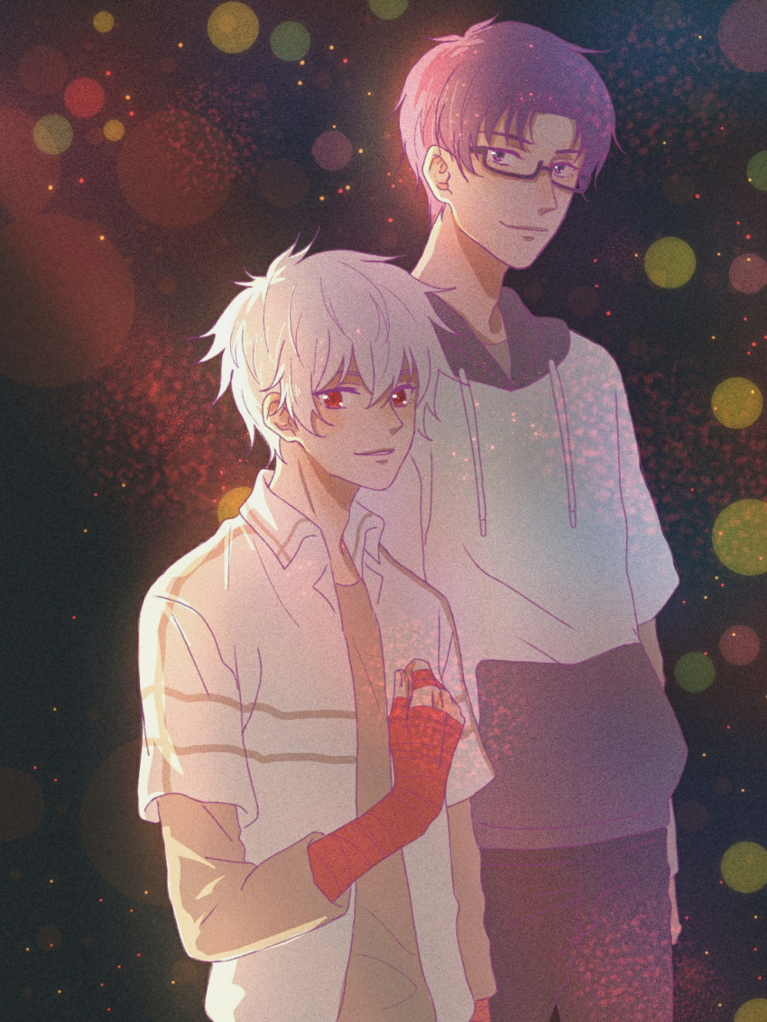 2boys, bandage, bandaged_hands, bandages, dark_background, glasses, highres, kaidou_shun