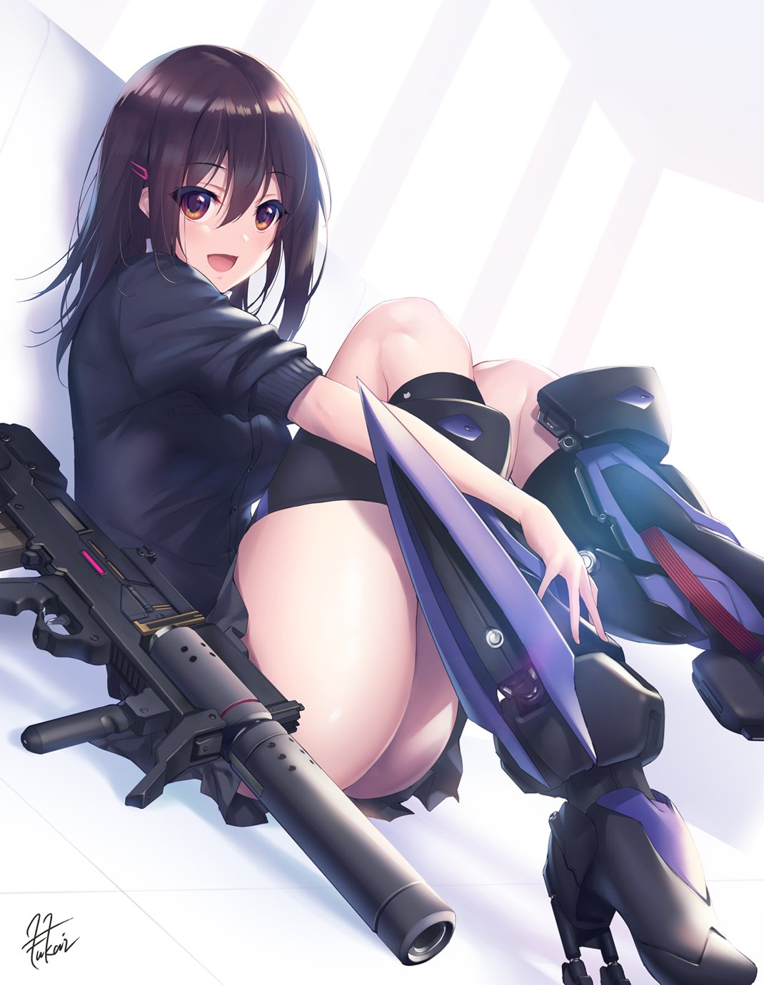 1girl, :d, arms_note, bangs, bionic_joshikousei_(fukai_ryousuke), black_skirt, boots, brown_eyes