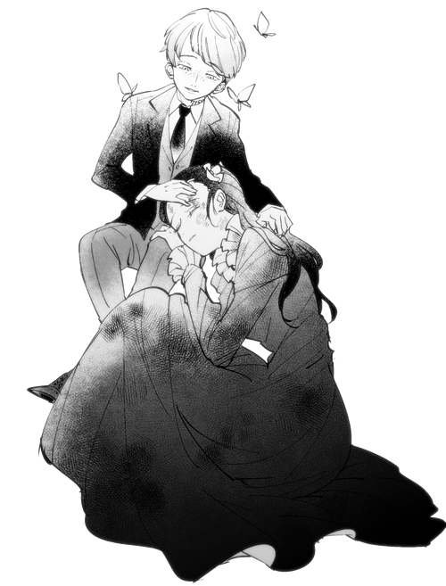 1boy, 1girl, bug, butterfly, dress, flower, freckles, greyscale