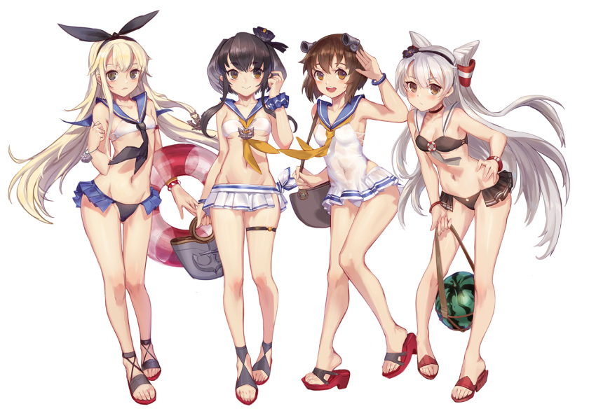 4girls, alternate_costume, amatsukaze_(kantai_collection), anchor_hair_ornament, anchor_symbol, armband, bag, bangs