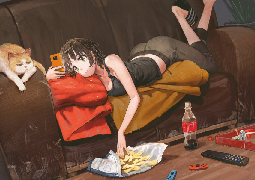 1girl, :i, bag_of_chips, bangs, bare_arms, bare_shoulders, black_hair, blanket