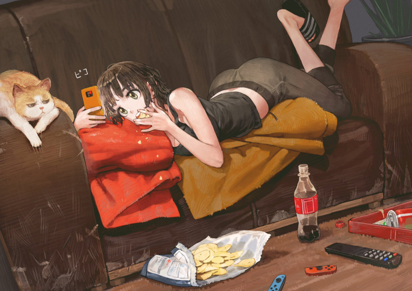 1girl, bag_of_chips, bangs, bare_arms, bare_shoulders, black_hair, blanket, blunt_bangs