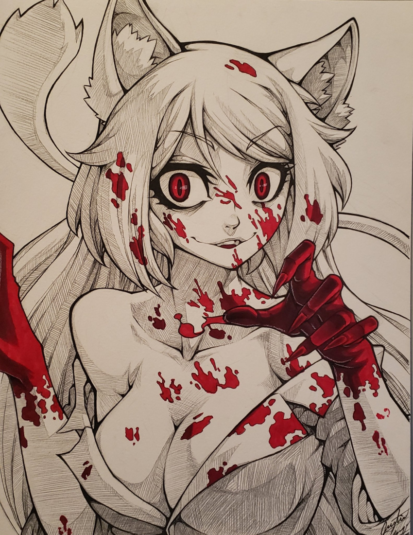1girl, animal_ear_fluff, animal_ears, bakemonogatari, bare_shoulders, black_hanekawa, blood, blood_on_face