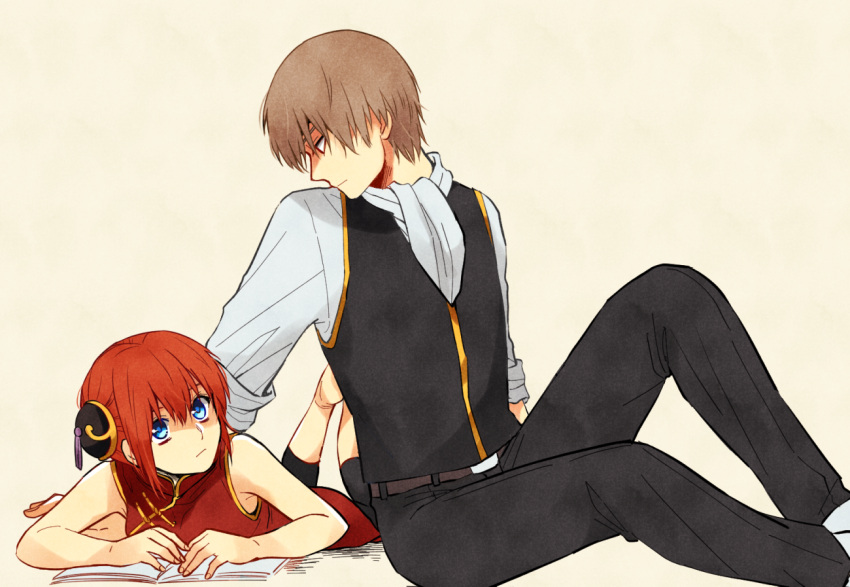 1boy, 1girl, black_pants, blue_eyes, brown_hair, china_dress, chinese_clothes, dress
