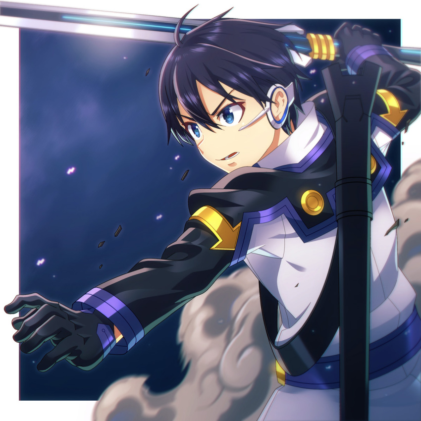 1boy, ahoge, augma, black_gloves, black_hair, blue_eyes, gloves, highres