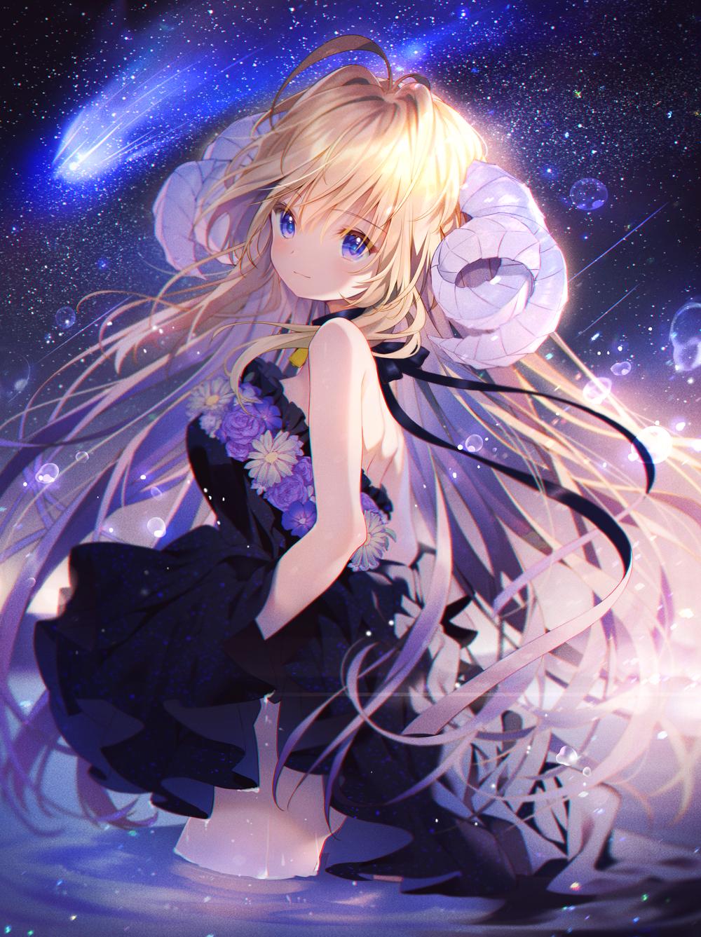1girl, bangs, black_dress, blonde_hair, blush, closed_mouth, comet, commentary_request