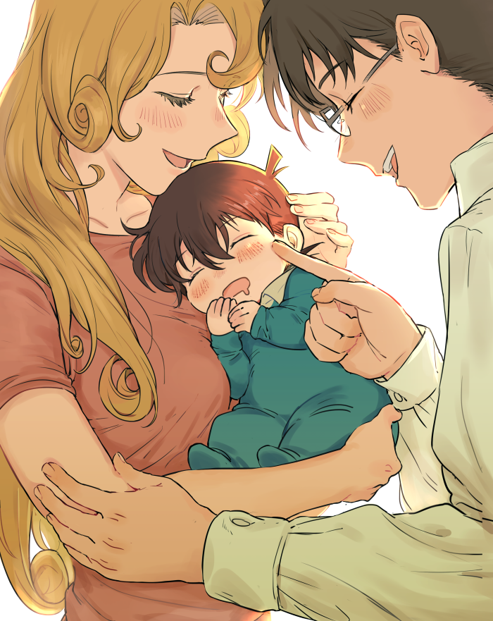 1girl, 2boys, baby, black_hair, blonde_hair, carrying, closed_eyes, dashi_(minzoku_gb), family, father_and_son, glasses, happy, husband_and_wife, kudou_shin'ichi, kudou_yukiko, kudou_yuusaku, meitantei_conan, mother_and_son, multiple_boys, open_mouth, sleeping, smile, younger