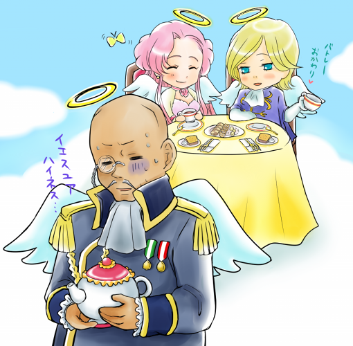 bald, bartley_asprius, blush, closed_eyes, clovis_la_britannia, code_geass, dress, epaulettes, euphemia_li_britannia, heaven, long_hair, military, military_uniform, monocle, pink_hair, shishitora, spoilers, translated, uniform, wings