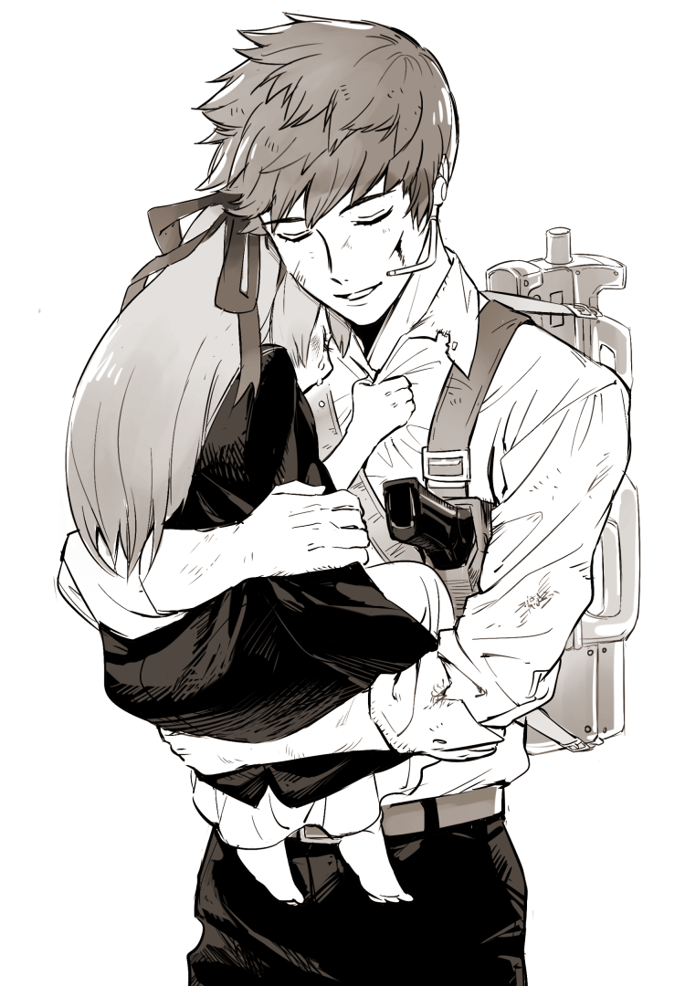 1boy, 1girl, akira_(shoumetsu_toshi), blood, blood_on_face, bruise, carrying, closed_eyes