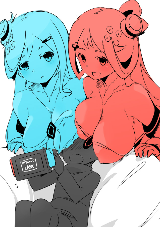 1boy, 2girls, :d, bangs, bare_shoulders, blush, breast_rest, breasts