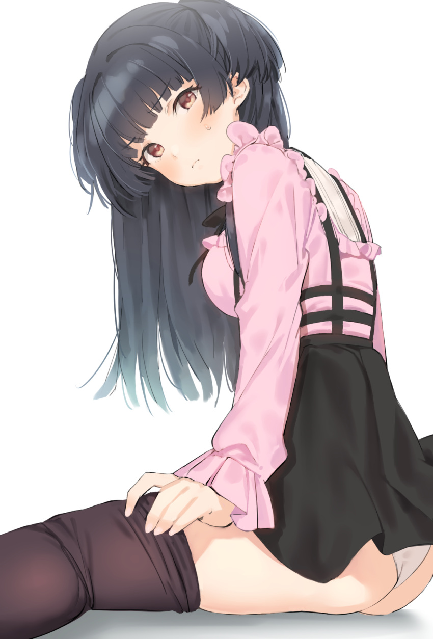 1girl, angry, bangs, black_hair, black_legwear, blunt_bangs, blush, breasts