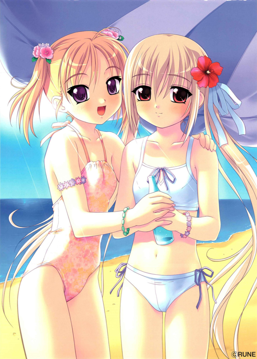 beach, bikini, blonde_hair, bottle, flat_chest, flower, hatsukoi, hatsushima_anzu