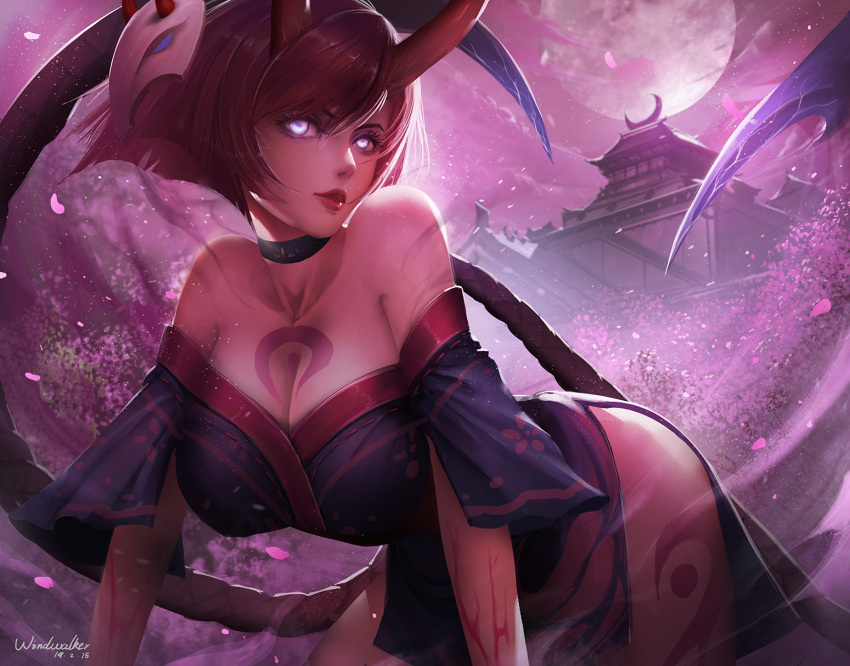 1girl, all_fours, artist_name, bare_arms, bare_shoulders, black_choker, breasts, choker