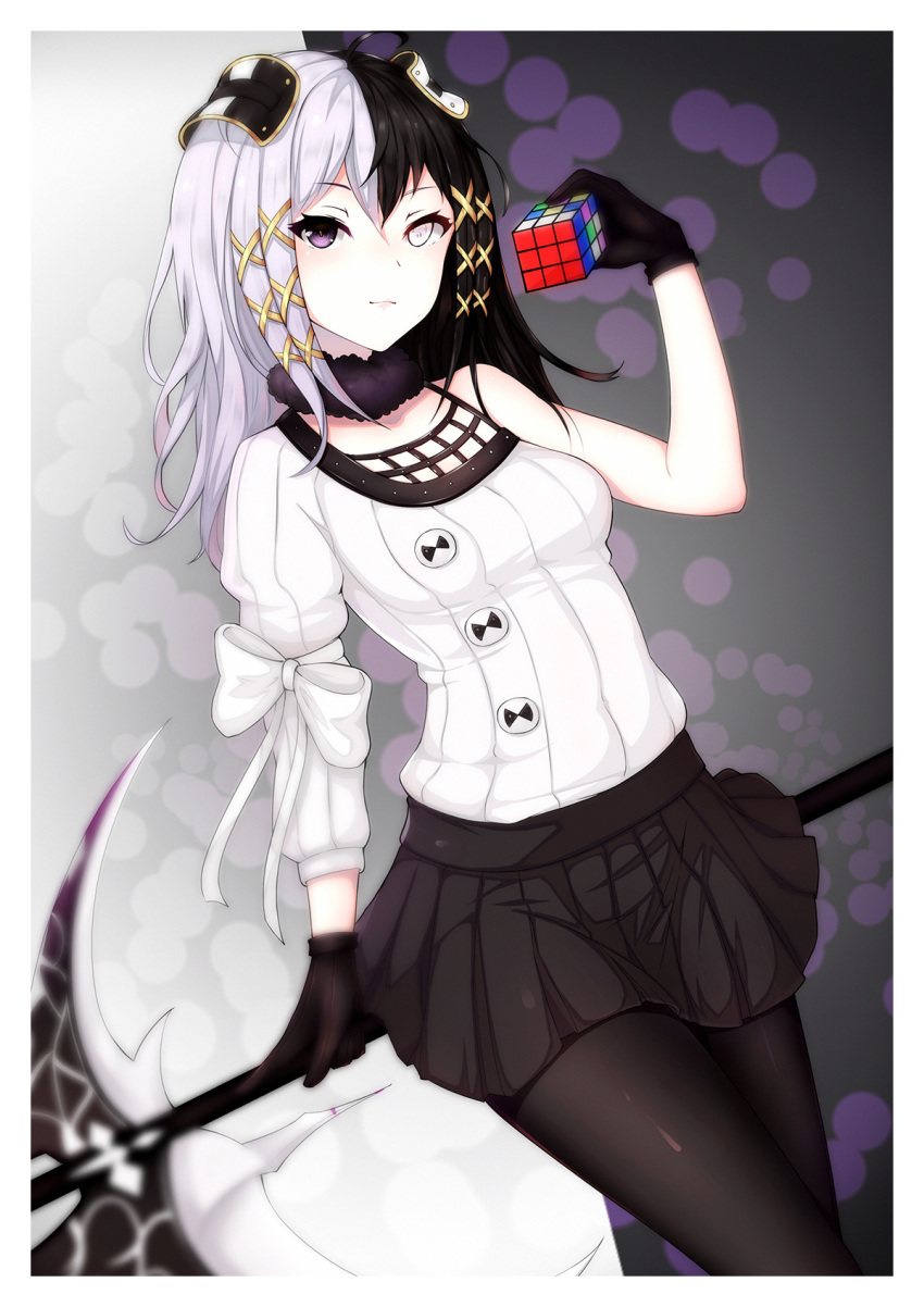 1girl, bangs, bare_arms, black_gloves, black_hair, black_legwear, bow, breasts