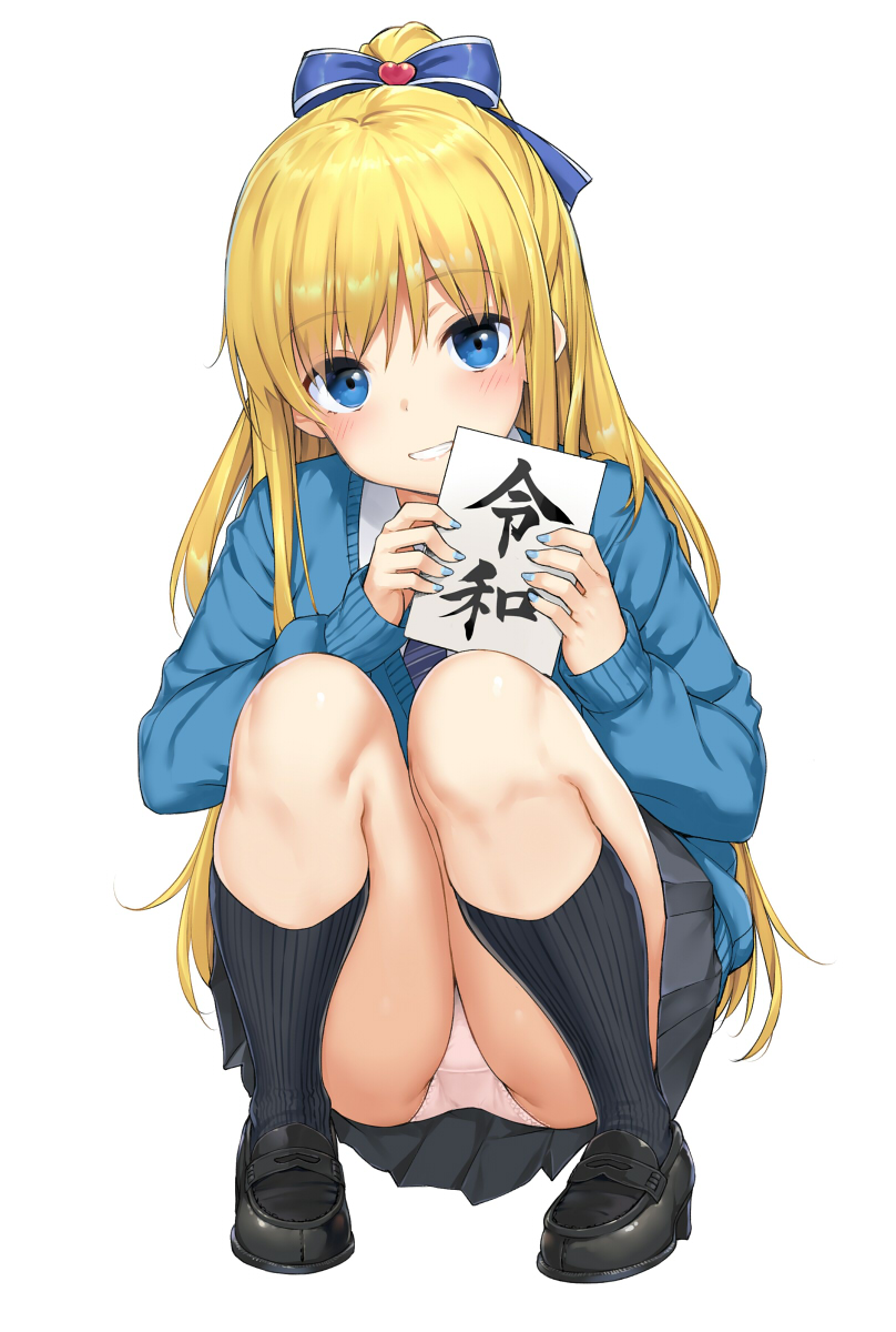 1girl, bangs, black_footwear, black_legwear, blonde_hair, blue_bow, blue_eyes, blue_nails