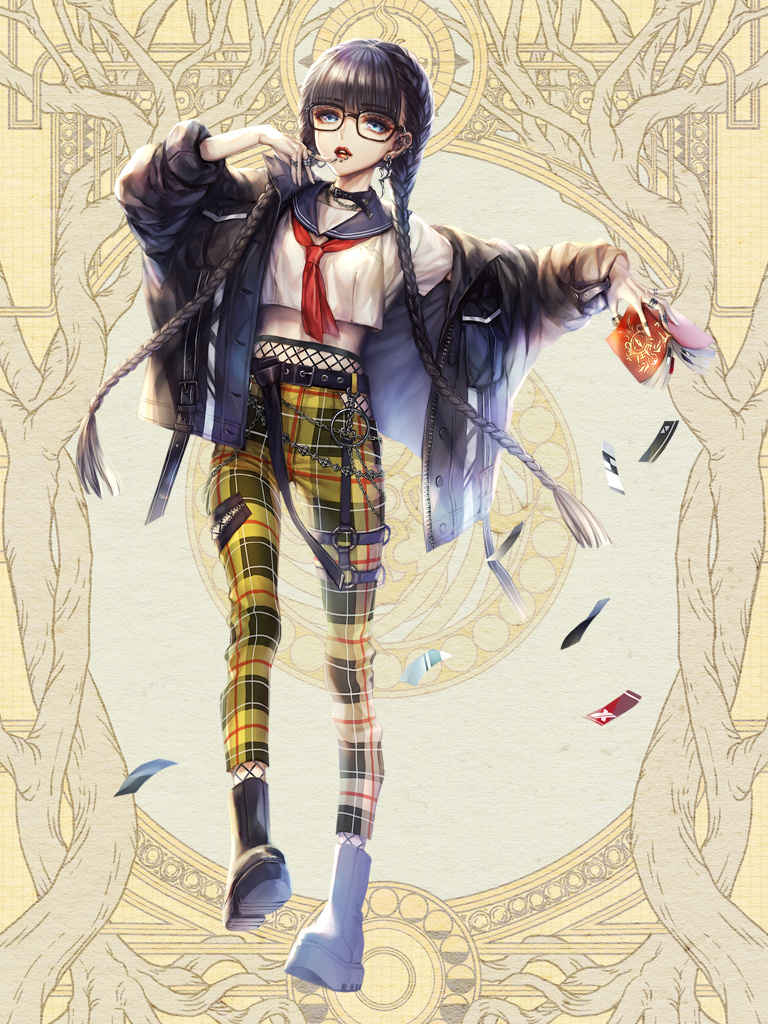 1girl, bangs, blunt_bangs, book, boots, braid, dairoku_youhei, earrings