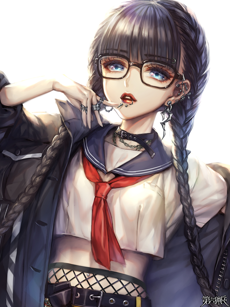 1girl, bangs, blunt_bangs, braid, collar, dairoku_youhei, earrings, eyebrow_piercing, eyebrows_visible_through_hair, glasses, jacket, jewelry, long_braid, long_hair, looking_at_viewer, murayama_(u_k), official_art, piercing, purple_hair, ring, sailor_collar, sailor_shirt, shirt, solo, twin_braids, very_long_hair
