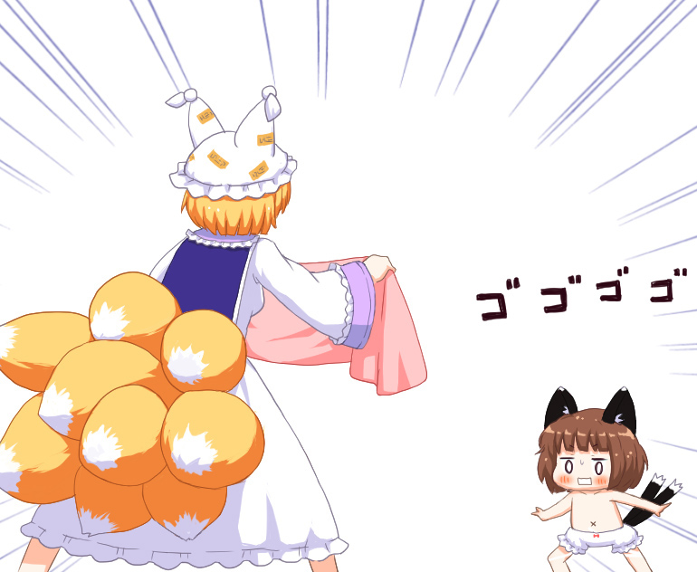 2girls, animal_ears, bangs, bebeneko, blonde_hair, bloomers, blush, bow_bloomers
