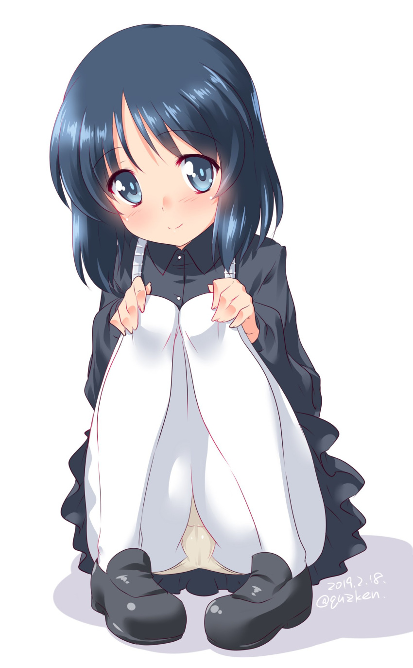 1girl, bangs, black_dress, black_eyes, black_footwear, black_hair, blush, collared_dress