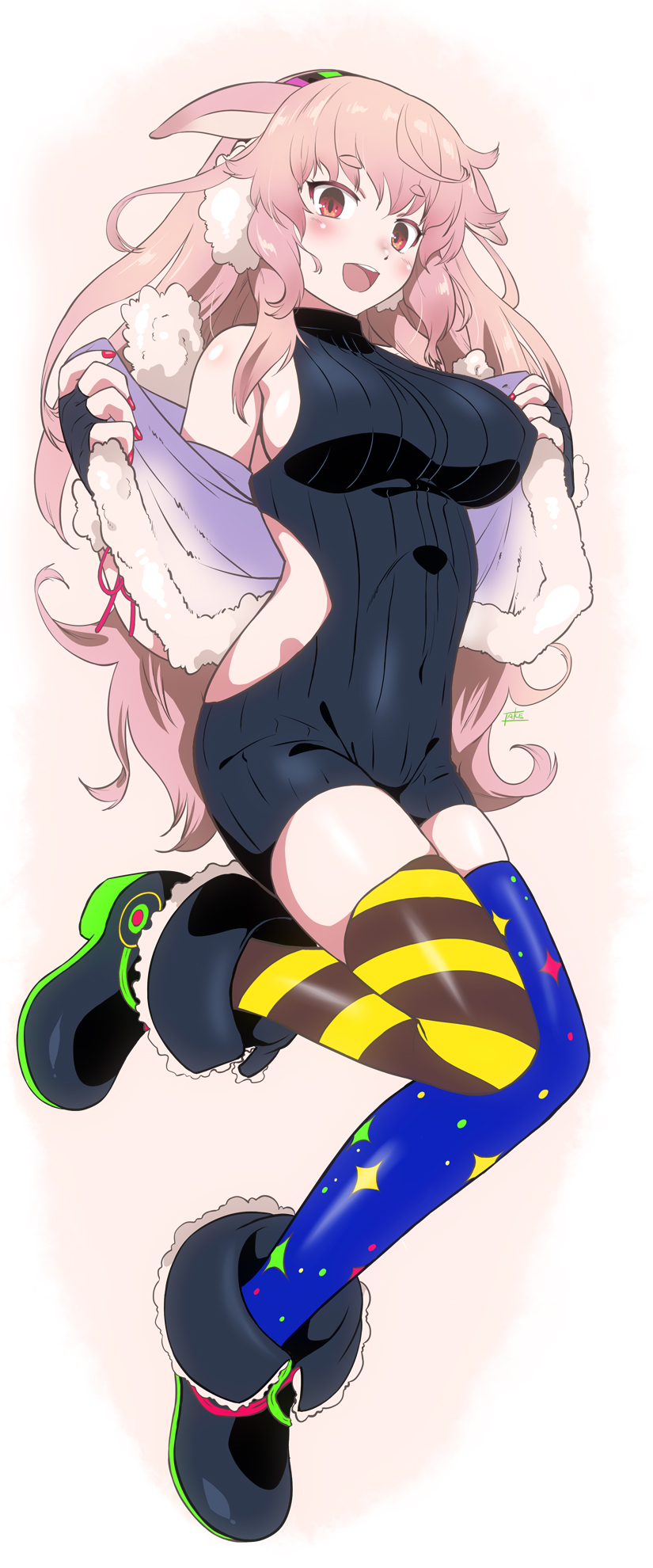 .live, animal_ears, asymmetrical_legwear, boots, breasts, commentary_request, earmuffs, fingerless_gloves