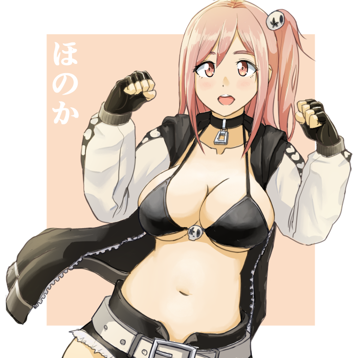 1girl, belt, belt_buckle, black_bikini_top, black_choker, black_gloves, breasts, buckle, choker, cleavage, clenched_hands, collarbone, commentary_request, dead_or_alive, dead_or_alive_6, fingerless_gloves, gloves, hair_ornament, hands_up, heart, heart_print, hiroyama_(hpzg5374), honoka_(doa), jacket, large_breasts, long_hair, looking_at_viewer, navel, one_side_up, open_clothes, open_jacket, pink_hair, red_eyes, side_ponytail, skull, skull_hair_ornament, solo, spaghetti_strap, two-tone_background, upper_body