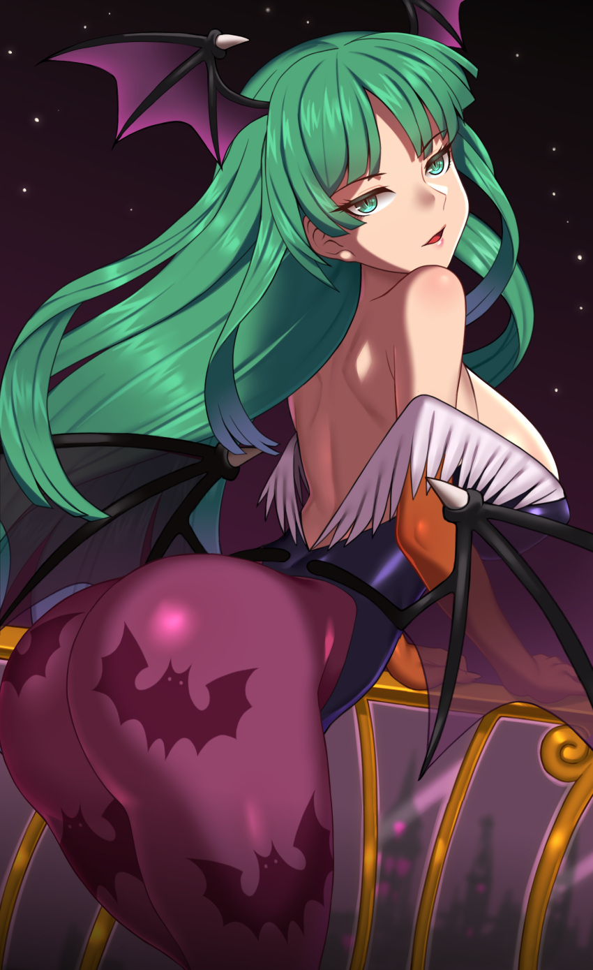 1girl, absurdres, animal_print, bangs, bare_shoulders, bat_print, bat_wings, black_leotard, black_wings, blunt_bangs, breasts, contrapposto, cowboy_shot, demon_girl, elbow_gloves, erect_nipples, eyebrows_visible_through_hair, eyelashes, fangs, feather_trim, fur-trimmed_leotard, fur_trim, gloves, green_eyes, green_hair, groin, half-closed_eyes, head_wings, highleg, highleg_leotard, highres, hip_focus, large_breasts, legs_together, leotard, long_hair, looking_at_viewer, low_wings, morrigan_aensland, nt00, open_mouth, orange_gloves, paid_reward, pantyhose, parted_lips, patreon_reward, print_legwear, purple_legwear, shiny, shiny_clothes, shiny_skin, shoulder_blades, sidelocks, slit_pupils, solo, spread_wings, standing, strapless, strapless_leotard, succubus, thick_thighs, thighs, vampire_(game), very_long_hair, wings