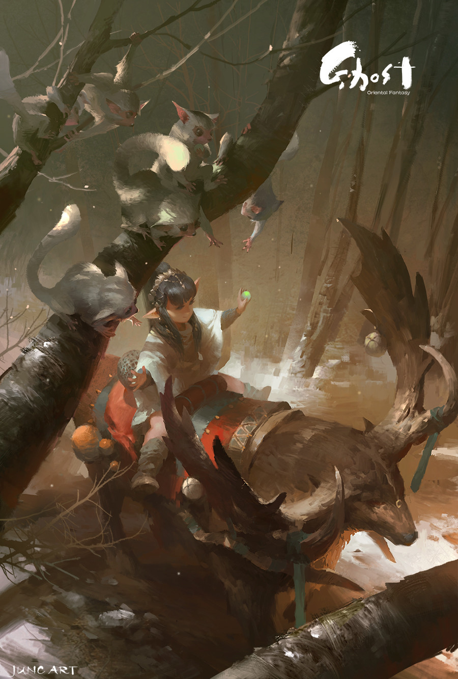 1girl, animal, antlers, artist_name, bangs, bare_tree, black_hair, blue_eyes, boots, commentary, elk, english_text, forest, from_above, galago, high_ponytail, highres, nature, original, outdoors, pointy_ears, poncho, riding, saddle, scenery, sidelocks, smile, snow, snowing, tree, tree_branch, wenjun_lin