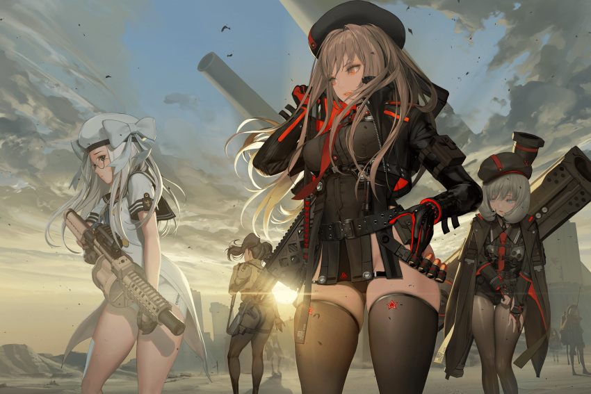 4girls, ass, assault_rifle, beret, black_hair, blue_eyes, bow, clouds, coat, explosive, eyebrows_visible_through_hair, glasses, gloves, grenade, grenade_launcher, grey_hair, gun, h&amp;k_hk416, hat, highres, jacket, lipstick, long_hair, long_sleeves, makeup, multiple_girls, necktie, nightmadness, nikke_the_goddess_of_victory, official_art, project_nikke, red_eyes, rifle, rocket_launcher, sailor_collar, short_hair, short_sleeves, shorts, sky, sun, sunlight, thigh-highs, twintails, uniform, weapon, white_hair