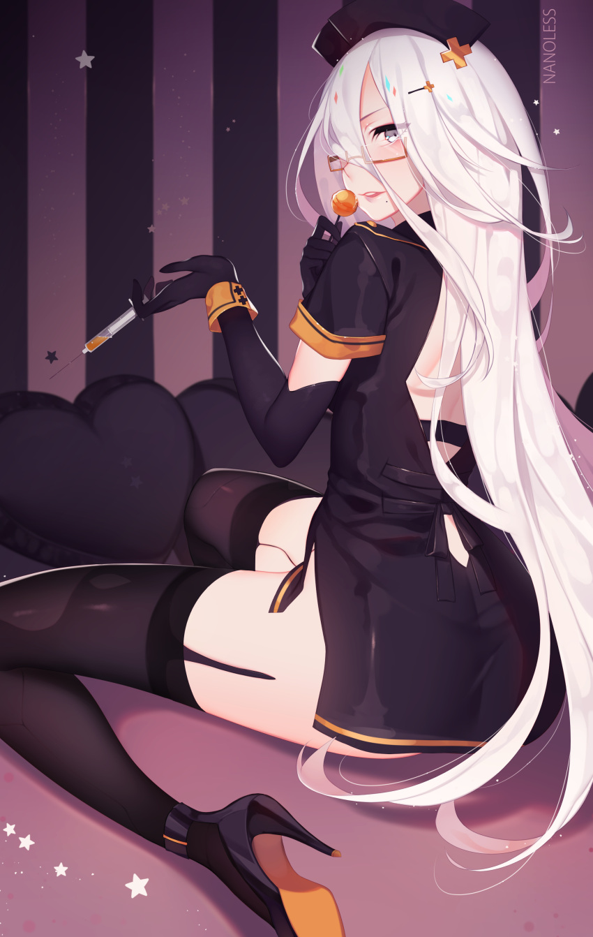 1girl, absurdres, ass, bespectacled, black_dress, black_legwear, candy, dress