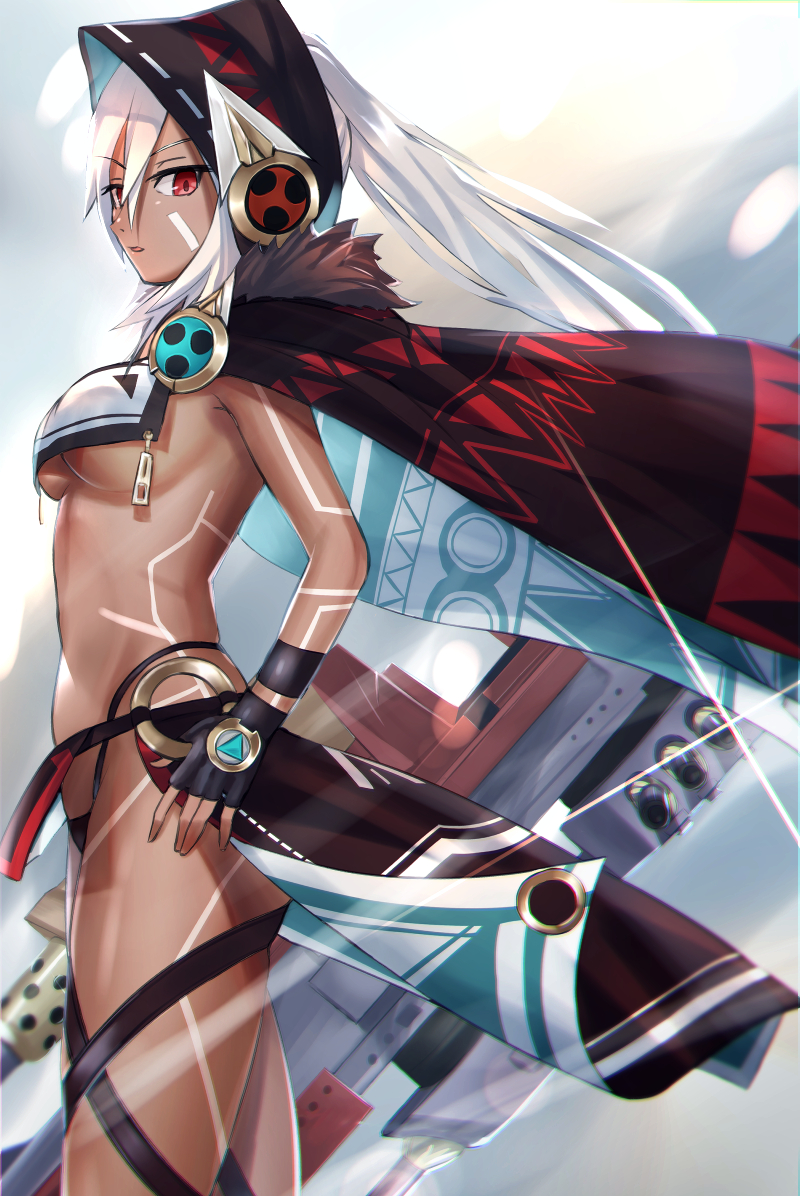 1girl, azur_lane, bangs, black_cape, black_gloves, black_panties, blue_background, blurry, blurry_background, bodypaint, breasts, cape, crop_top, crop_top_overhang, dark_skin, facepaint, fingerless_gloves, fur_trim, gloves, gradient, gradient_background, hairband, hand_on_hip, headgear, highleg, highleg_panties, holding, holding_weapon, hood, huge_weapon, kyuuri_no_tsukemono, large_breasts, loincloth, long_hair, looking_at_viewer, medium_breasts, midriff, minneapolis_(azur_lane), native_american, navel, nostrils, panties, parted_lips, profile, raised_eyebrow, red_eyes, revealing_clothes, sideboob, sidelocks, solo, sparkle, standing, sunlight, thigh_strap, thighs, thong, under_boob, underwear, weapon, white_background, white_hair
