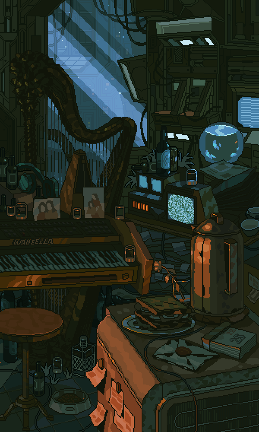 animated, animated_gif, fishbowl, harp, highres, indoors, instrument, night