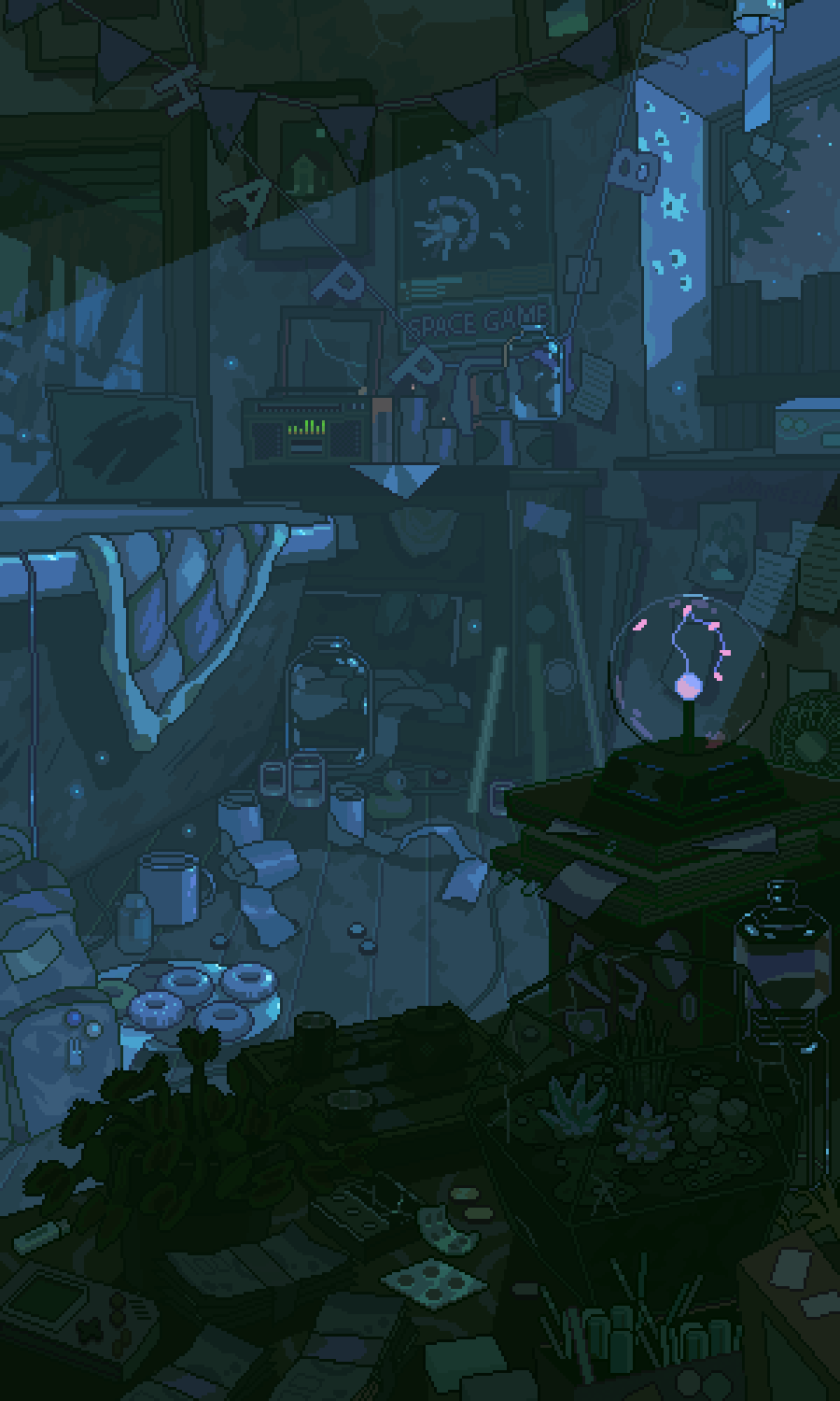 animated, animated_gif, bathtub, boombox, doughnut, food, highres, indoors, moonlight, night, no_humans, original, pixel_art, plasma_globe, plate, rubber_duck, scenery, towel, waneella, window