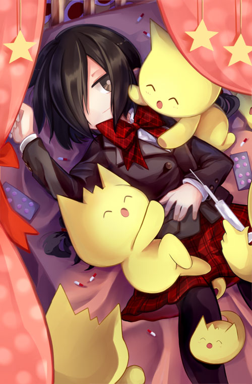 1girl, ^_^, ^o^, bed_sheet, black_eyes, black_hair, black_legwear, blush