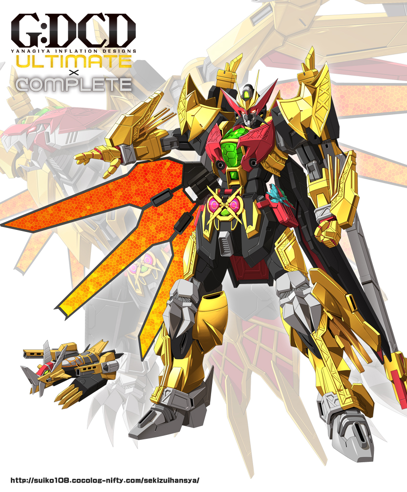 after_war_gundam_x, armor, cannon, commentary, crossover, full_armor, gauntlets, glowing, glowing_eyes, gold_armor, gundam, gundam_x, kamen_rider, kamen_rider_kiva, kamen_rider_kiva_(emperor_form), kamen_rider_kiva_(series), machinery, mecha, mechanization, no_humans, personification, robot, robot_joints, science_fiction, tagme, tokusatsu, translation_request, weapon, zb
