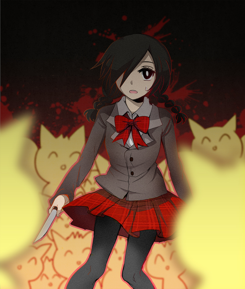 1girl, bangs, black_eyes, black_hair, blood, blood_splatter, bow, bowtie