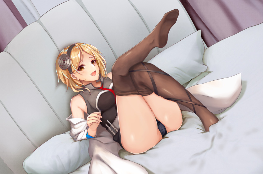1girl, bare_shoulders, blonde_hair, blue_panties, blush, breasts, djeeta_(granblue_fantasy), fang